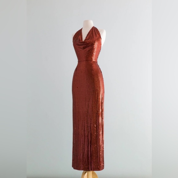 Vintage 1970s HOT LAVA Copper Sequined Halter Gown By Lillie Ruben / Small - Picture 4 of 11